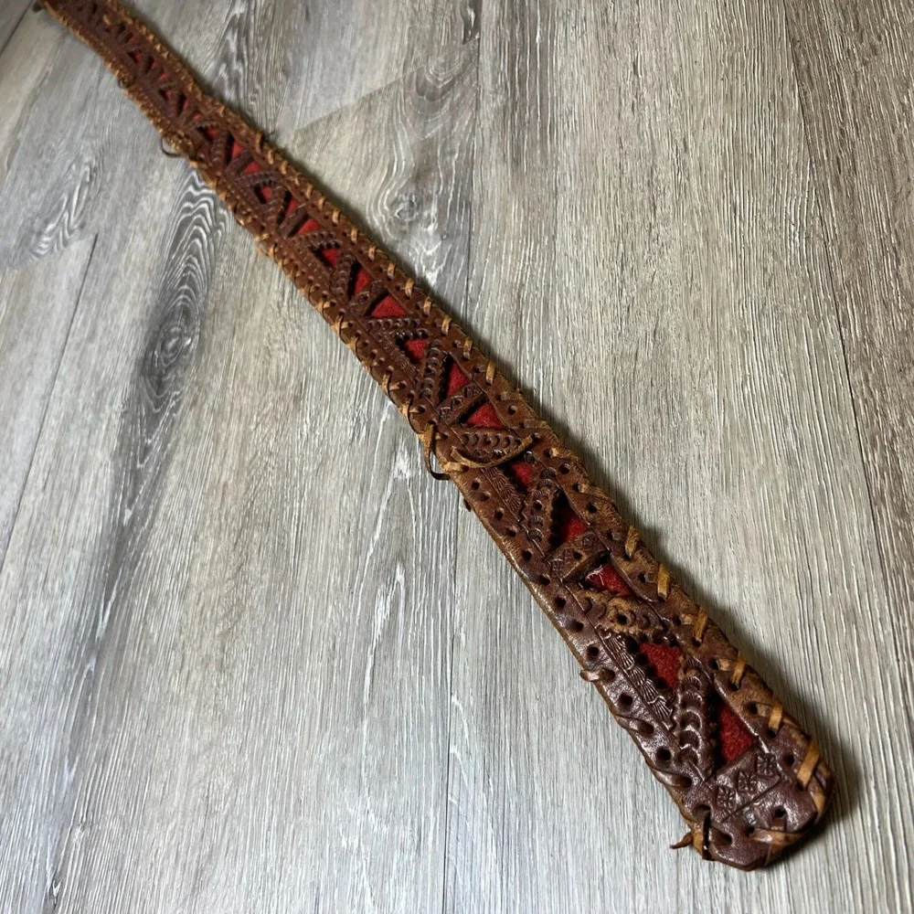 Vintage Tooled Leather Belt Womens XL Brown Red Boho Whipstitch Wood Buckle